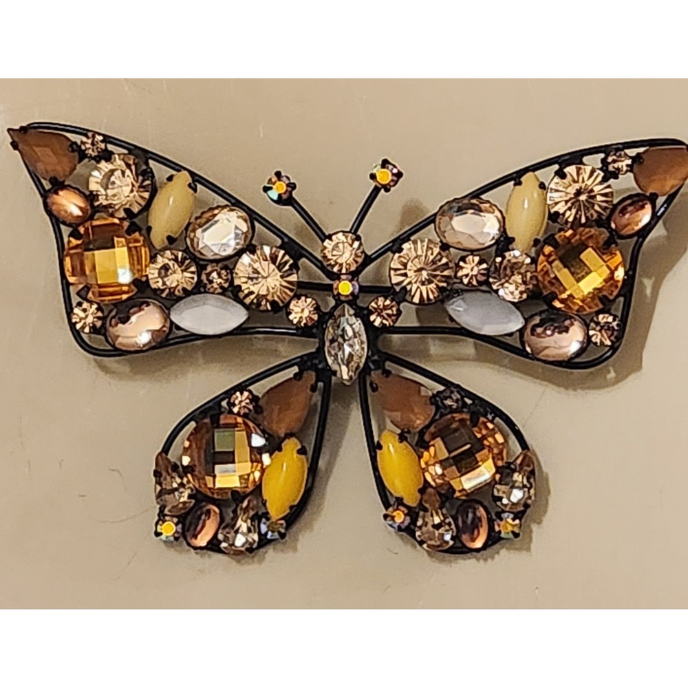 Joan Rivers Butterfly Brooch– Large Amber Rhinestone Statement Pin, Metal Vintag